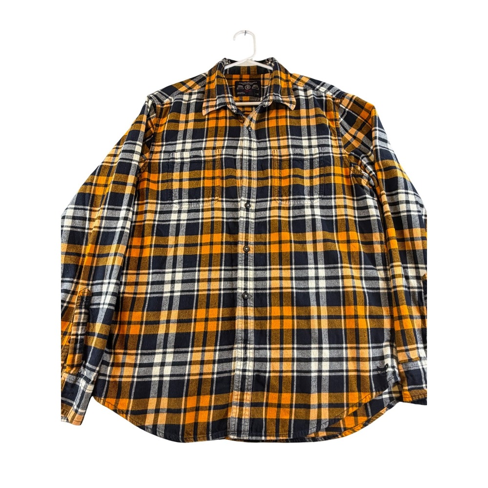 American Eagle Mens Prep Fit Flannel Shirt Orange Navy Plaid L Large